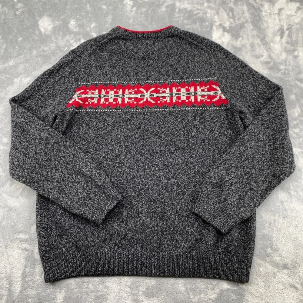 Eddie Bauer Mens Large Tall Fair Isle Sweater Charcoal Grey Red Cotton Blend